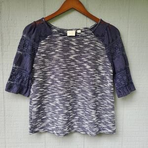 Postmark Marled Knit Navy Blue Sheer Sleeve Top Sm